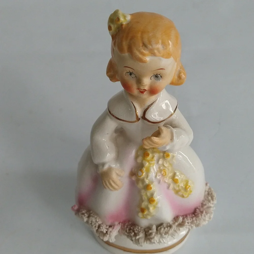 Vintage Spaghetti Girl Figurine Yellow Flowers Pink Dress Ceramic Japan